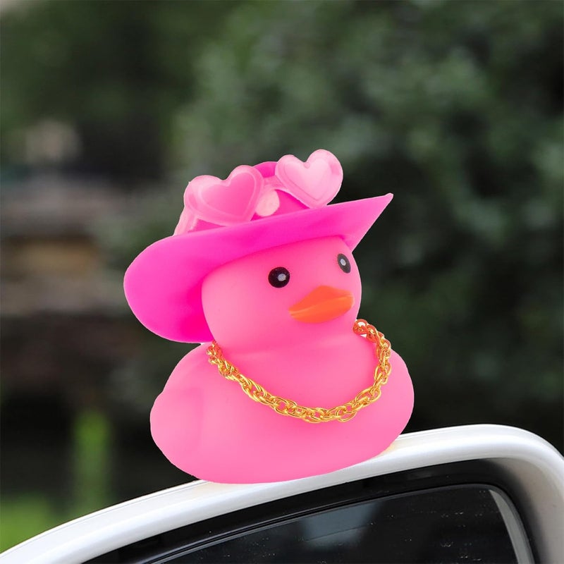 wonuu Car Cowboy Rubber Ducks, Dashboard Decorations Pink Duck for Car Ornament Accessories with Hat Heart Glasses Chain, Pink White - Image 2